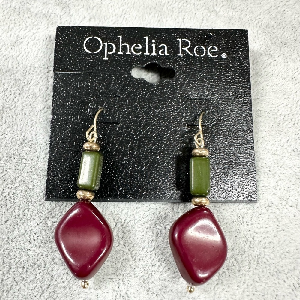 Ophelia Roe. Green And Burgundy Gold Tone Dangle Hook Drop Earrings